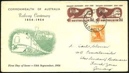 AUSTRALIEN 1954 (13.9.) 3 1/2 P. "100 Jahre Austral. Eisenbahn", Paar = Diesellok, Histor. Dampflok (u. Freimarke 1/2 P. - Treinen