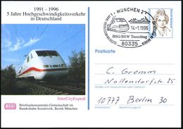 80335 MÜNCHEN 2/ 5 JAHRE HOCHGESCHWINDIGKEITS-VERKEHR IN DEUTSCHLAND 1996 (14.1.) SSt = ICE Auf Motivgl. PP 80 Pf. Varnh - Trains