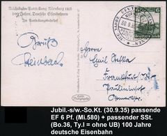 NÜRNBERG 2/ 100 JAHRE DT.EISENBAHNEN/ REICHSBAHN-/ AUSST. 1935 (30.9.) SSt Auf EF 6 Pf. "100 Jahre  Eisen-bahn" (Mi.580  - Treinen