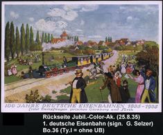 NÜRNBERG 2/ 100 JAHRE DEUTSCHE EISENBAHNEN/ REICHSBAHN-/ AUSSTELLUNG 1935 (Aug.) SSt Auf Jubiläums-Color-Sonder-Kt.: 1.  - Treni