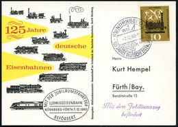 (13a) NÜRNBERG 2/ A/ 125 JAHRE DEUTSCHE EISENBAHNEN 1960 (7.1.) SSt Auf EF 10 Pf. "125 Jahre Eisenbahnen" (Mi.345 EF) +  - Treinen
