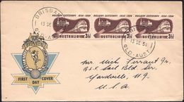 AUSTRALIEN 1954 (13.9.) 3 1/2 P. "100 Jahre Austral. Eisenbahn", 3er-Streifen = Histor. Dampflok, Moderner Dieselzug , B - Treinen