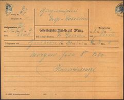 Mainz 1904 (3.6.) Eisenbahn-Dienst-Telegramm "Eisenbahndirektionsbezirk Mainz" (Form Nr.1527) Getrennte Blaue Telegramm- - Treni
