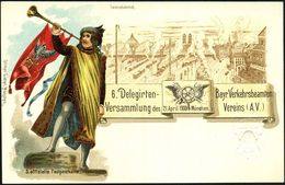 München 1900 (21.4.) PP 2 Pf. Wappen, Grau: 6. Delegirten- Bayr. Verkehrsbeamten Versammlung.. = Rückseite Hauptbahnhof  - Treinen