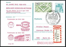 1000 BERLIN 12/ 50 Jahre Berliner Verkehrs-Betriebe.. 1979 (7.4.) SSt = U-Bahn, Bus,  T R A M  Auf Amtl. P 40 Pf. Burgen - Tranvie