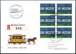 SCHWEIZ 1983 (Sept.) SSt: 8000 ZÜRICH/100 JAHRE ZÜRI-TRAM = Pferde-Tram 3x Auf 6er-Block 20 C."100 Jahre Züri-Tram" + RZ - Tram