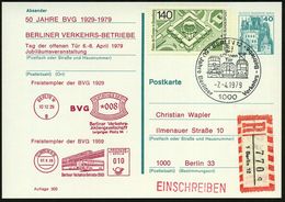 1000 BERLIN 12/ 50 Jahre Berliner Verkehrs-Betriebe.. 1979 (7.4.) SSt = U-Bahn, Bus, Tram A. Amtl. P 40 Pf. Burgen, Blau - Treni