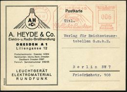 DRESDEN A1/ A.HEYDE & Co/ Vollicht-Leuten 1941 (25.10.) AFS = Rundglas-Leuchte , Dekorative Firmenkarte Mit Glühbirne: A - Electricité