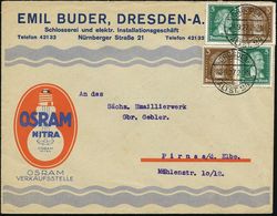 DRESDEN-/ S/ ALTST.24 1927 (28.9.) 2K-Steg Auf Zweifarbigem Reklame-Bf.: EMIL BUDER..OSRAM NITRA = Glühbirne , Schiller/ - Elektriciteit