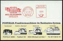 2000 Hamburg 36 1983 (18.5.) AFS: VORFÜHRSTEMPEL/POSTALIA/100 JAHRE/AEG-TELEFUNKEN , Seltene Postalia-Musterkarte!  (= S - Elektrizität