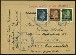 DT.BES.UKRAINE 1943 (28.1.) 2K-Steg: KIEW/a/DDPU, Dreifarben-Frankatur Hitler 3 Pf., 4 Pf. U. 5 Pf. + Blauer 1K-HdN: SIE - Elektrizität