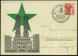 (13b) MÜNCHEN 2/ DEUTSCHER/ ESPERANTO/ KONGRESS.. 1948 (Mai) SSt Type I (Frauenkirche) Motivähnl. Ausl.-Sonderkarte! (Mi - Esperanto