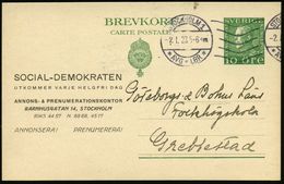 SCHWEDEN 1923 (2.1.) Amtl. P 10 Ö. Grün, Gustav-Adolf + Zudruck: SOCIAL-DEMOKRATEN.. + Rs. Abs-2L: Tidningen/Social-Demo - Other & Unclassified