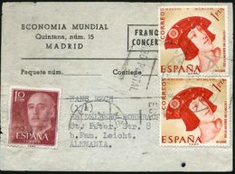 SPANIEN 1958 1 Pta. "400 Todestag Carlos I." = Karl V., 2 Stück + 10 C. Franco, Auf Kleinem Ausl.-Päckchen-Adreßzettel ! - Autres & Non Classés