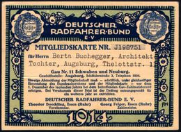 Augsburg 1914 Illustrierte Mitgliedskarte "DEUTSCHER RADFAHRERBUND E.V," (Kind Mit Fahrrad) Sektion Schwaben/Augsburg (F - Altri (Terra)