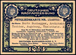 Augsburg 1914 Illustrierte Mitgliedskarte "DEUTSCHER RADFAHRERBUND E.V," (Kind Mit Fahrrad) Sektion Schwaben/Augsburg (F - Sonstige (Land)