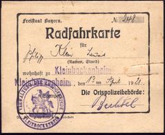 Kleinbockenheim 1921 (13.4.) Radfahrer-Führerschein "Freistaat Bayern Radfahrkarte" (schwacher Rostfleck) Dekorater 2K-D - Andere (Aarde)