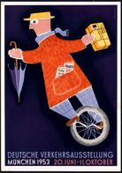 München 1953 Offiz. Color-Ak.: DEUTSCHE VERKEHRSAUSSTELLUNG = Mann Auf Ein-Rad (mit Paket, Regenschirm, Zeitungen) Sign. - Autres (Terre)