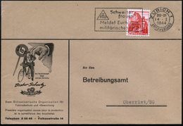 SCHWEIZ 1944 (Jan.) Reklame-Bf: VELO-WACHE.. , Schweiz. Fahrradschutz U. -Bewachung (Abb: Fahrraddieb, Hand, Stop-Schild - Andere (Aarde)