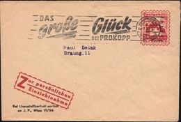 ÖSTERREICH 1950 (ca.) Buchdruck-MsDrs. "Postgebühr/bar Bezahlt!/WIEN/DAS/große/Glück/BEI PROKOPP" (2 Sich Um-armende Kam - Firemen