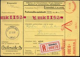 FINNLAND 1951 (22.3.) AFS: KOSKENKORVA/V/849 = Entflammtes Zündholz (= Välimäki Oy) Seltene Inl.- R-NN-Paketkarte!  - Po - Sapeurs-Pompiers
