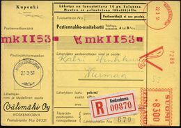 FINNLAND 1951 (22.3.) AFS: KOSKENKORVA/V/849 = Entflammtes Zündholz (= Välimäki Oy) Seltene Inl.- R-NN-Paketkarte!  - Po - Firemen