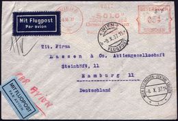 ÖSTERREICH 1937 (8.10.) AFS: WIEN 8/*/"SOLO"/Zündwaren U./Chem.Fabriken/AG.. , 054 Gr. + 1K: 1 WIEN 1/B*/FLUG-POST + 2K: - Sapeurs-Pompiers