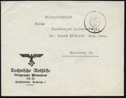 Pirmasens 1939 (30.9.) Stummer, Bayer. 2K = Tarnstempel Pirmasens Auf Feldpost-Vordr.-Bf.: Technische Nothilfe, Ortsgrup - Brandweer