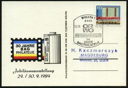 4440 WOLFEN 1/ OR/ WO/ VEB FILMFABRIK.. 1984 (30.9.) SSt A. Color-Sonder-Kt.: ORWO-Rollfilm (30 JAHRE BAG ORWO) = Enteig - Fotografie