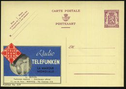 BELGIEN 1938 40 C. Reklame-P Löwe, Br.lila: Radio TELEFUNKEN/HET WERELDMERK.. L. BOVAL.. WERVICQ (= Telefunken-Blitz-Log - Ohne Zuordnung