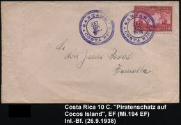 COSTA RICA 1938 (26.9.) 10 C. "Piratenschatz Auf Der Cocos-Insel", EF (Segelschiff, Landkarte) , Viol. 3K: CARTAGO/ COST - Geografia