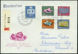 SCHWEIZ 1961 (1.6.) Mineralien U.Versteinerungen, Kompl. Satz "Pro Patria" + ET-SSt.: BERN (Flußspat) Motivgl. FDC-SU, A - Altri & Non Classificati