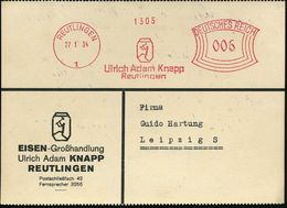 REUTLINGEN/ 1/ Ulrich Adam Knapp 1934 (27.1.) AFS (= Stilis. Bergknappe Vor Ort Mit Spitzhacke) Motivgl. Firmenkt. EISEN - Andere & Zonder Classificatie