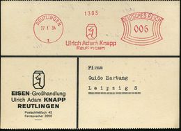 REUTLINGEN/ 1/ Ulrich Adam Knapp 1934 (27.1.) AFS (= Stilis. Bergknappe Vor Ort Mit Spitzhacke) Motivgl. Firmenkt. EISEN - Autres & Non Classés