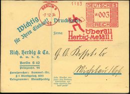 BERLIN S/ 42/ Überall/ Herbig-Metall!/ RICH.HERBIG & CO.. 1934 (7.12.) Dekorativer AFS (Figur Mit Blech) Auf Reklame-Kla - Altri & Non Classificati