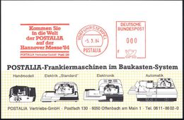 B.R.D. 1984 (5.3.) AFS: VORFÜHRSTEMPEL/POSTALIA/..POSTALIA/auf D./Hannover Messe'84.. Seltene Postalia-Musterkt.!  (= Sp - Ohne Zuordnung