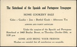 CANADA 1922 PP 1 C. George, Orange: The Sisterhood Of The Spanish And Portuguese Synagogue.. (Einladungskarte) Ungebr.,  - Joodse Geloof