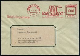 GRÜNSTADT/ SCHAMOTTE-WERKE/ KARL FLIESEN AG../ Feuerfeste Erzeugnisse 1944 (14.2.) AFS (5 Rauchende Schlote) Klar Gest.  - Porcellana