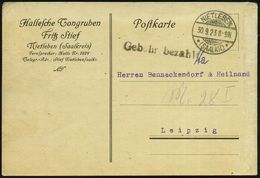 NIETLEBEN/ *(SAALKR.)* 1923 (30.9.) 1K-Gitter + Schw.1L: Gebühr Bezahlt A.Vordr-Kt: Hallesche Tongruben F.Stief (Gebühre - Porselein