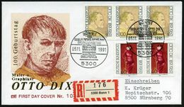 B.R.D. 1991 (5.11.) "100 Geburtstag Otto Dix", überkompl. Satz + ET-SSt. (BONN 1) + RZ: 5300 Bonn 1, Inl.-R-FDC-SU  (Mi. - Sonstige & Ohne Zuordnung