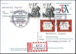 85 NÜRNBERG 2/ 500./ GEBURTSTAG/ ALBRECHT/ DÜRER.. 1971 (21.5.) SSt Auf Sonder-P 20 Pf. Dürer "Engelsmesse" (Mi.P 100/04 - Autres & Non Classés