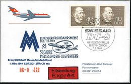 D.D.R. 1969 (1.3.) 40 Pf. "Theodor Fontane", Reine MeF: 2 Stück , SSt.: 7005 LEIPZIG BPA/SWISSAIR/DC-9/MESSESONDERFLUG/  - Ecrivains