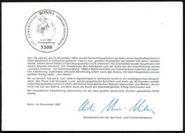 B.R.D. 1987 (6.11.) 80 Pf. "125. Geburtstag Gerh. Hauptmann" = Nobelpreis 1912 + ET-SSt (BONN 1) In Amtl. Ministerheft!  - Schrijvers