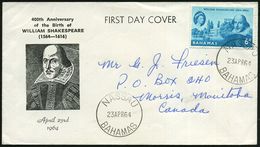 BAHAMAS 1964 (23.4.) 6 P. "400th Anniv. William Shakespeare", EF + ET-St (NASSAU) Bedarfs-Ausl.-FDC-SU (Mi.206 EF) - Ten - Writers