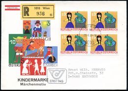 ÖSTERREICH 1981 (29.6.) 3 S. Froschkönig, Reine MeF: 4er-Block + Einzelstück + RZ: 1010 Wien/n, Ausl-R-SU.!  (Mi.1674 Me - Ecrivains