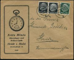 HEIDE (HOLST)/ A 1936 (26.2.) 2K-Steg Auf Reklame-Bf.: Fritz Hintz, Uhrenlager U. Brillen-Optik = Taschenuhr , Klar Gest - Relojería