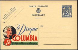 BELGIEN 1941 50 C. Reklame-P Löwe, Blau: Le Disque/COLUMBIA/Glorifie La Chanson Francais = Kopf Einer Sängerin (u. Doppe - Musica