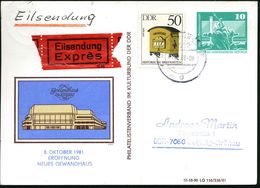 D.D.R. 1986 (21.2.) PP 10 Pf. Neptun, Grün: ERÖFFNUNG/ NEUES GEWANDHAUS + Zusatzfrankat. 50 Pf. Inl.-Eil-Karte (Mi.PP 15 - Musik