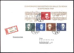 B.R.D. 1959 (10.9.) Beethoven-Block, EF = 5 Komponisten , Klar Gest.  + RZ: Lübeck 2, Orts-R-Bf.  (Bl.2 EF + 120.- EUR)  - Musique