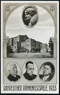 BAYREUTH 1933 (6.8.) S/w.-Foto-Ak.: BAYREUTHER BÜHENFESTSPIELE 1933 = Festspielhaus, Portraits Winifred Wagner, R. Strau - Muziek